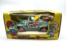 Puffo Windsurfer con Jeep Blu Puffi Vintage 1:24 Die Cast Nuovo 1984 Burago Italia