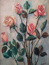 Dipinto olio originale metà XX impressionista fiori rose natura morta firmato