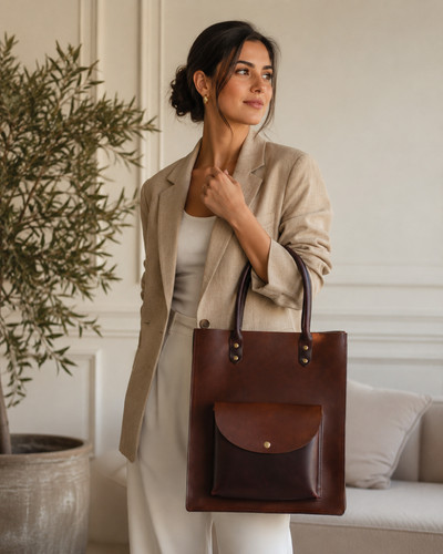 Borsa tote pelle marrone - tote, in