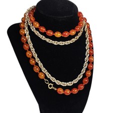 Collana Sarah Coventry 2 Fili Multi Catena Perline Ambra Argento Tartaruga Moda