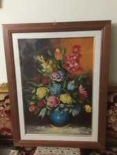 Dipinto olio su tela a soggetto floreale in cornice di ciliegio