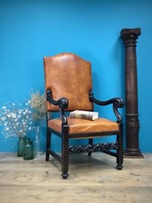 ANTICO TRONO SCOLPITO NEOGOTICO POLTRONA PELLE SCRANNO MEDIOEVO FINE 800 SCULTUR