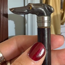 Antica Scultura Ca 1880 Cane Levriero  Corno Pomello Ombrellino Vittoriano Dama