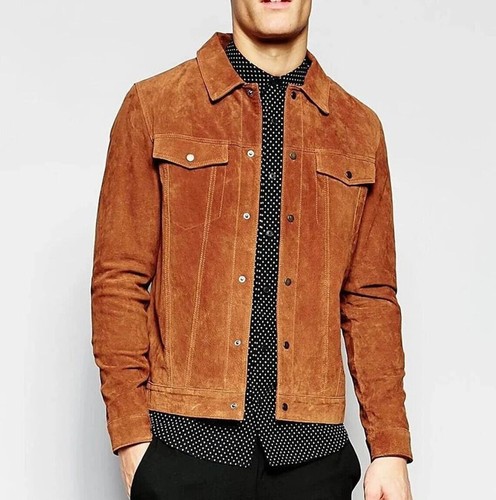 Men brown leather trucker - leather,