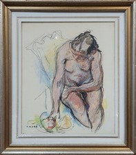 Nudo di donna seduta - Dipinto a pastello su tela di Gino Moro, Italia