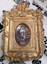 micromosaico antico XIX sec. Cornice Legno E Ottone Contadina Alla Fonte