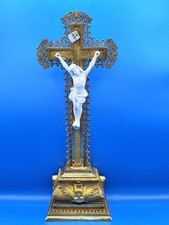 antico Crocifisso In Legno Dorato Ceramica Biscuit E Bronzo Arte Sacra Chiesa 