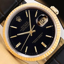 Rolex da Uomo Datejust 16233 Quadrante Nero 18K Oro Acciaio Orologio Con / Pelle
