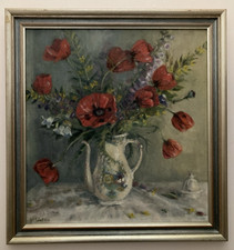 Dipinto olio vintage originale papaveri natura morta floreale firmato Jo Waters incorniciato