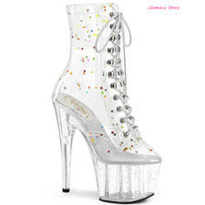 Sexy STIVALETTI Trasparenti Tacco 18 n.35/42 Stringati Plateau Pailettes Glitter