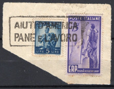 REPUBBLICA 1949 - ERP VALORE 15 LIRE USATO SU FRAMMENTO CON 5 LIRE DEMOCRATICA