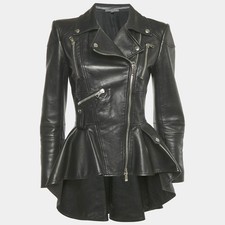Alexander McQueen Giacca di Pelle Peplo Nero Alto Basso M