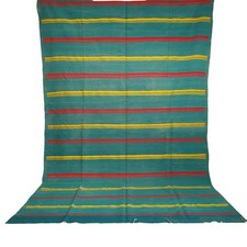 Tappeto verde marocchino fatto a mano vibrante strisce rosse oro frange...