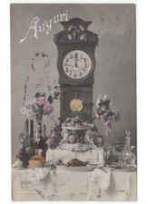 1906 antica foto cartolina Primi '900 tavola capodanno cibo tartaruga pendolo