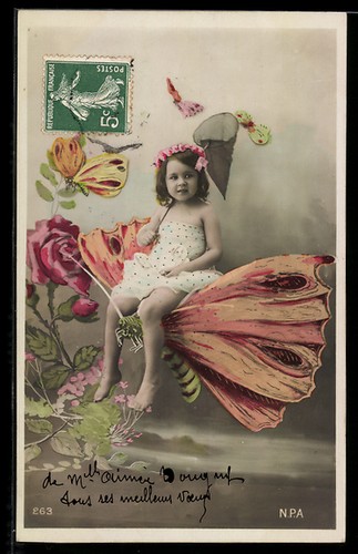 Bambina cavalca una - , farfalla