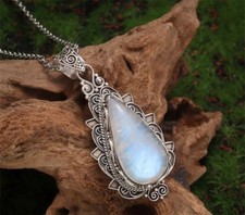 Collana ciondolo vera pietra di luna naturale con GARANZIA argento 925 NUOVA