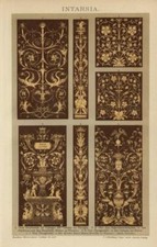 Stampa Antica 1897 = INTARSI Perugia Firenze Pavia = CROMOLITOGRAFIA = Old Print