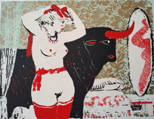 SALVATORE FIUME "DONNA ALLO SPECCHIO CON TORO" LITOGRAFIA A COL. 70x50 CM GARANZ