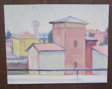 QUADRO AD OLIO PAESAGGIO VEDUTA CITTADINA DIPINTO ORIGINALE ARTISTA LOCALE P31