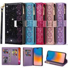 Custodia portafoglio zip pelle glitter flip cover per Samsung S20 Ultra S25 + S10 Lite