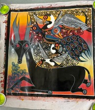 Vintage-Originale Tingatinga Art-Tanzania-Olio su Tela-Da Collezione-Antelope/Uccellino
