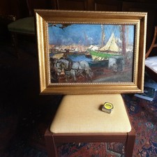 RICCARDO GALLI/OLIO SU CARTONE/PORTO DI GENOVA/'900.DIPINTO.