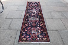 Runner lungo blu lana orientale tradizionale vintage indossato fatto a mano 280x75 cm
