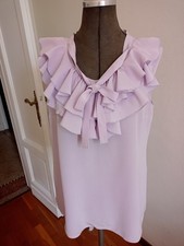 Camicia donna GIGUE top 100% seta pastello viola lilla volant fiocco nuova