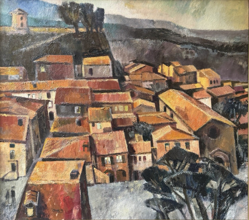 Dipinto olio dipinto villaggio