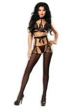 Set Di Lingerie Reggiseno T-String Calze Cintura In Ecopelle Tulle