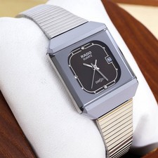 RADO DiaStar Square Date Quartz Watch 3P Diamonds Steel Silver Dial Luxury