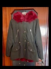 Parka verde e bordeaux in pelliccia sintetica interno con zip e bottoni donna