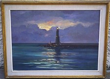 FRANCO BIONDI (1932-1987) IL FARO- MARINA NOTTURNA - VECCHIO QUADRO DIPINTO OLIO