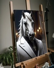 Quadro Uomo Cavallo in Tuta Classe con COA - Tela incorniciata 40X30cm mondo Hitt firmato