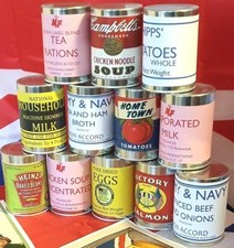 1940-WW2 HOME FRONT Historical, re enactment, set 12 Replica Food Cans + posters
