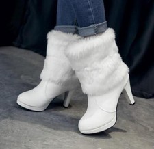 Stivali pelliccia fiocchi donna tacco alto blocco stivaletti invernali plateau caldi