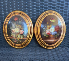 COPPIA  ANTICHI DIPINTI OVALI - OLIO SU TAVOLA - NATURA MORTA - FIORI - DORATA
