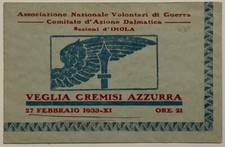 IMOLA COMITATO D'AZIONE DALMATICA VEGLIA CREMISI AZZURRA TESSERA ANVG A.XI° 1933