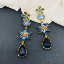 Oscar de la renta splendidi orecchini pendenti goccia cristalli blu traforati lunghi