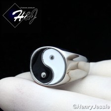 Anello tondo UOMO acciaio inox placcato argento/nero Yin Yang Taiji diagramma*R144