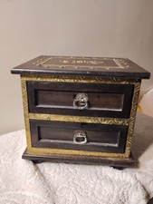 Vtg Miniature Wood Chest Of 2 Drawers Footed Applied Metal Decor Fine Quality 