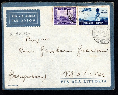 Somalia italiana busta 1937 - somalia,