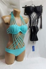 Trikini a Fascia con Coppe+ Intreccio sulla Pancia,da 40 a 46;Verde Acqua o Nero