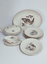 Servizio di 6 piatti da pesce Bavaria vintage in porcellana + zuppiera salsiera