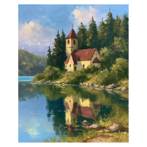 Poster paesaggio chiesa lago - poster,