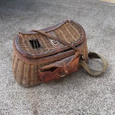 Cestino trota creel pesca vimini vintage bordo in pelle necessita di riparazione