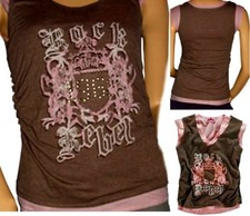 Maglia donna Girly 2 strati V top retrò borchie 32 34 Joe Browns marrone oro rosa