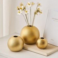 Gold Ceramic Vase Set of 3, Modern Round Decorative Vases for Home, Table Cen...