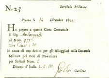 1807 VERONA MALMIGNATI paga affitto Locanda Militare per due soldati *Ricevuta