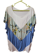 Top camicia A.Gain S/S girocollo bianco e verde acqua con fiori blu - taglia 1XL
